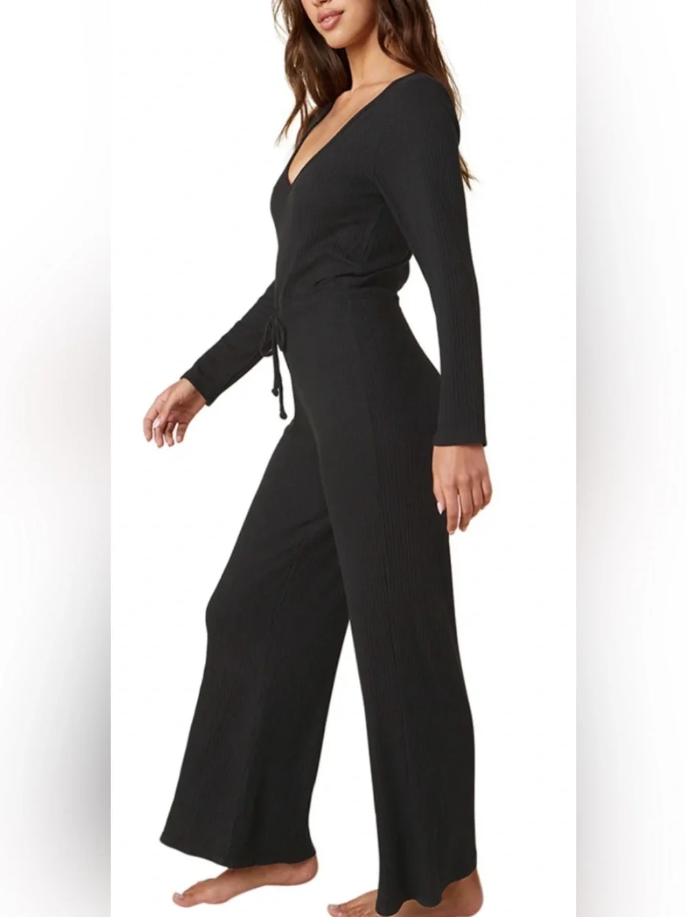 Beyond Yoga Draw the Line Ribbed Wide Leg Jumpsuit Black Medium